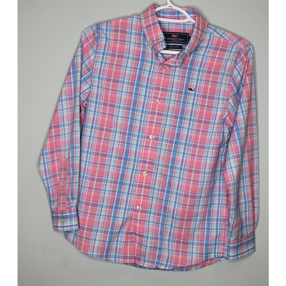 Vineyard Vines Boys Small Pink Blue Plaid Whale Shirt Performance Button Down‎